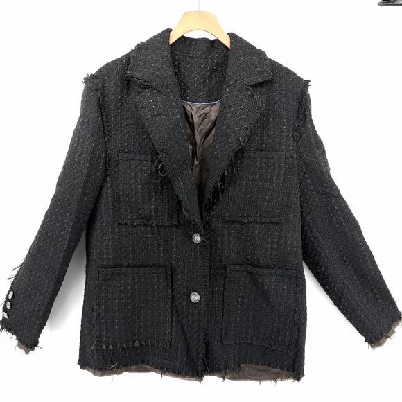 Matin Kim Jackets & Blazers - Distressed Tweed Blazer Charcoal Dark Academia Matin Kim Style OS Korean Style